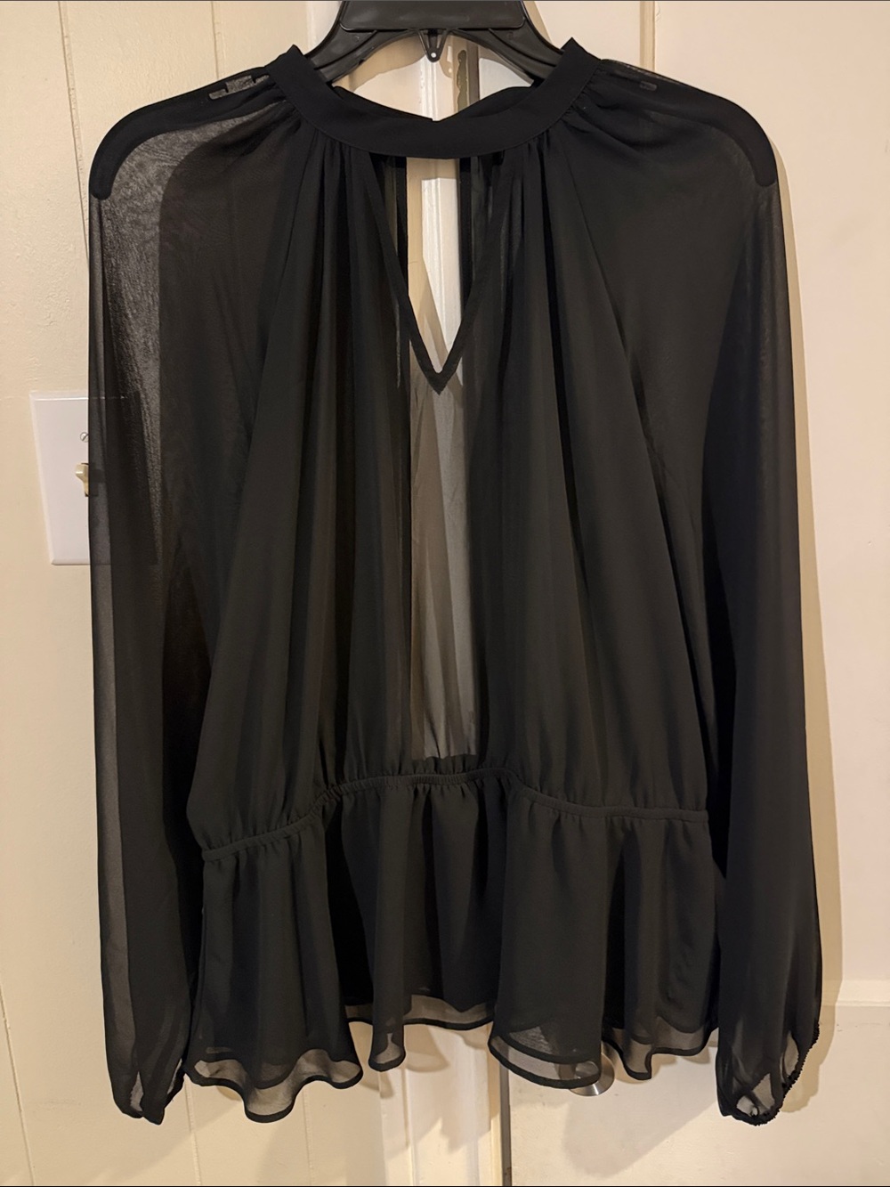 Express Black Sheer Long-Sleeve Peplum Blouse with Keyhole and Open Back
